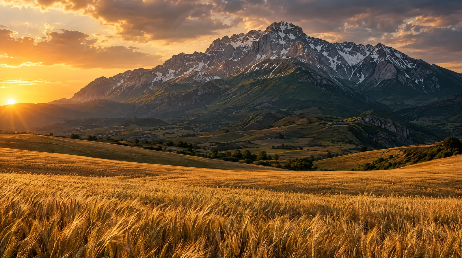 Golden durum wheat fields beneath the snow-streaked Gran Sasso in Abruzzo
