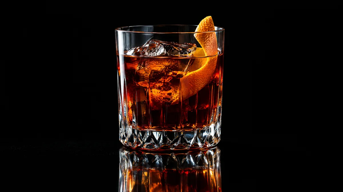 A crystal tumbler of dark amaro with a twist of orange peel