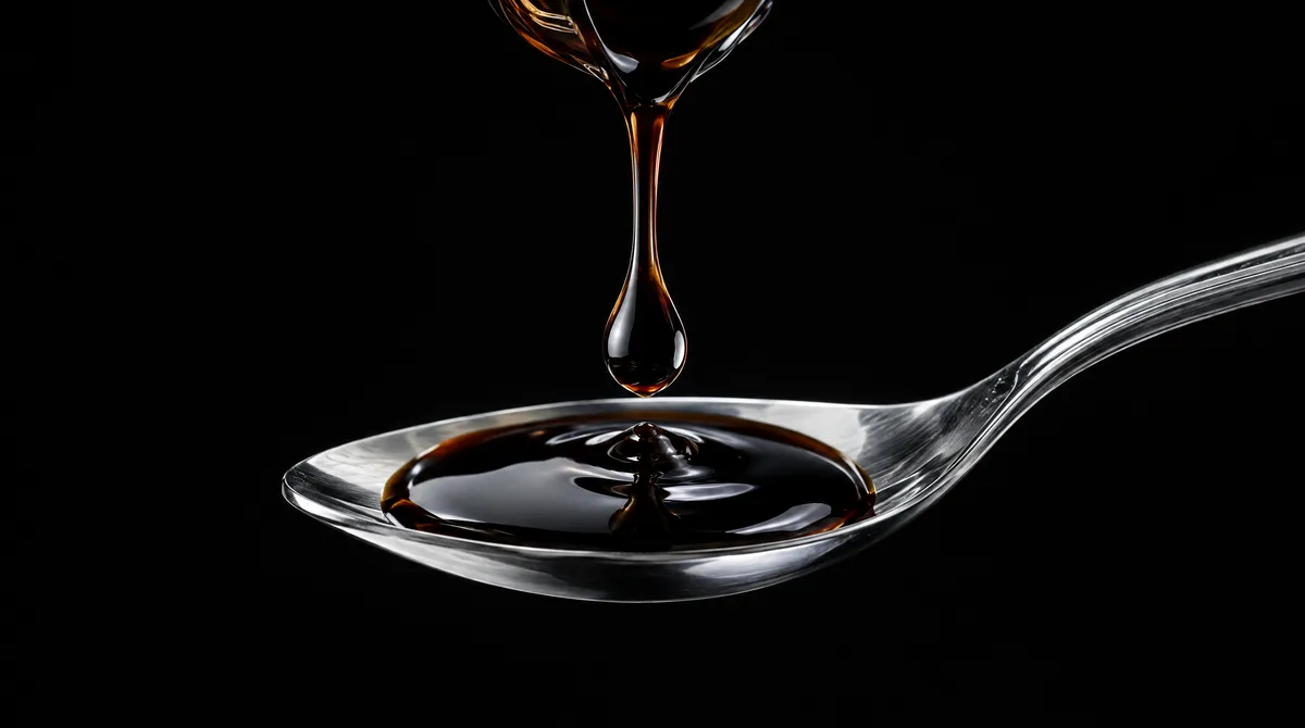 A drop of dark aged balsamic vinegar falling onto a small silver spoon