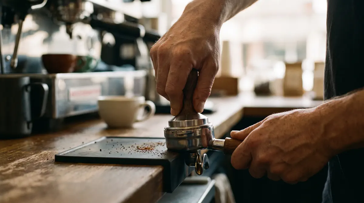 A barista's hands tamping ground coffee in a portafilter on a dark counter