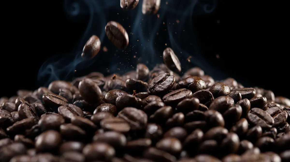 Glossy freshly roasted coffee beans in silver light against black