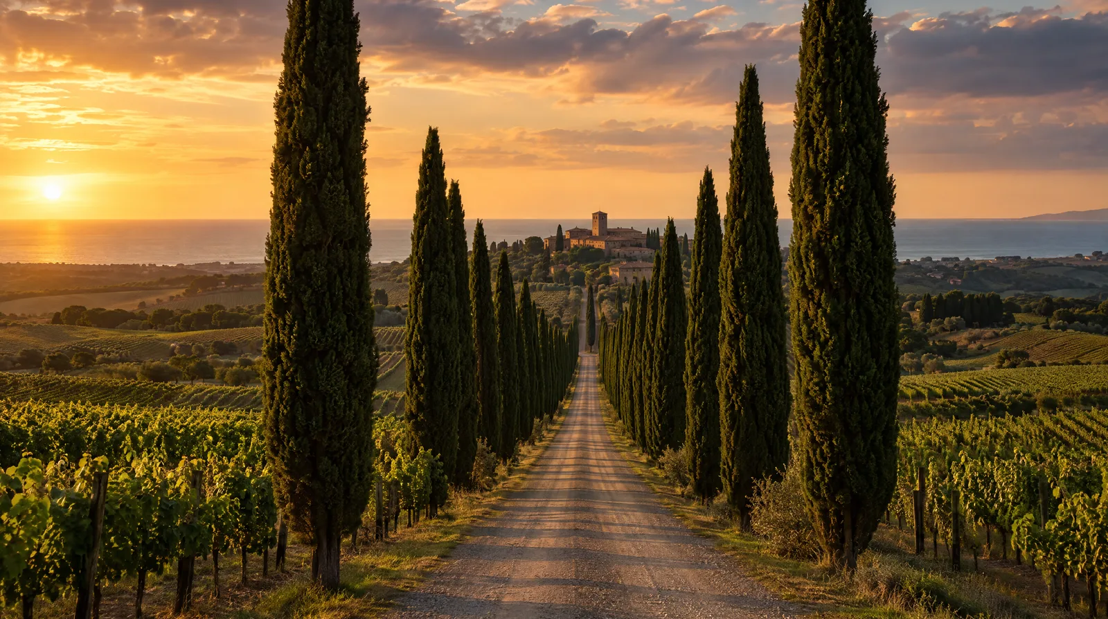 The cypress avenue leading towards Bolgheri on the Tuscan coast at golden hour