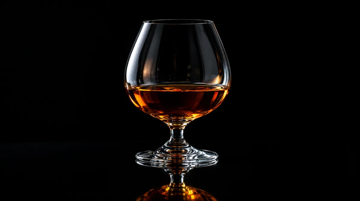 A crystal snifter of aged amber brandy glowing in silver light