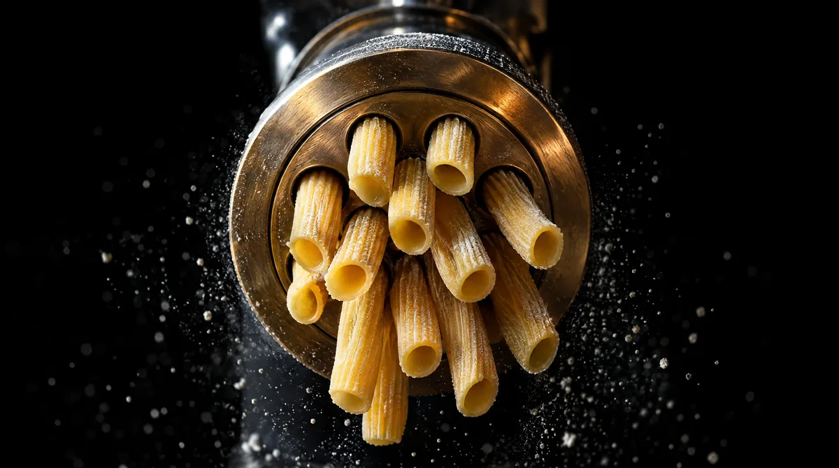 Fresh golden pasta tubes emerging from a round bronze die