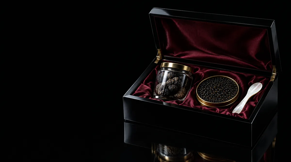 An open black lacquered gift box lined with burgundy silk holding truffles and caviar