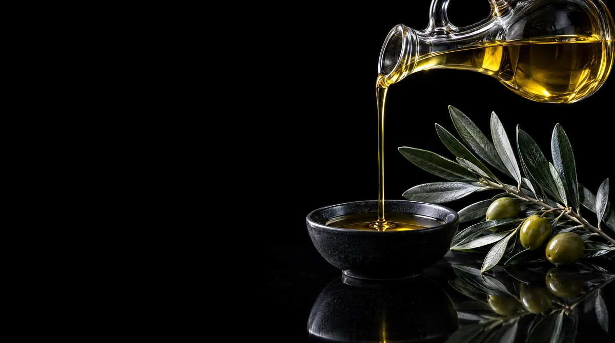 Golden olive oil pouring from a glass cruet into a black dish beside an olive sprig