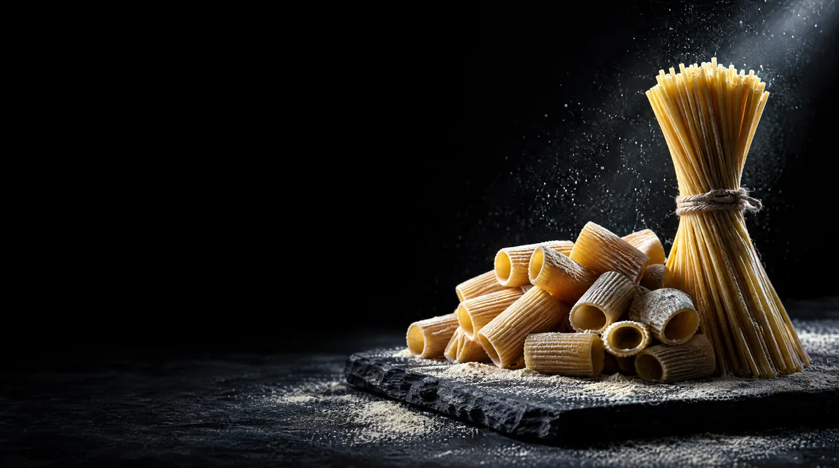 Bronze-cut rigatoni and spaghetti dusted with semolina on a slate board