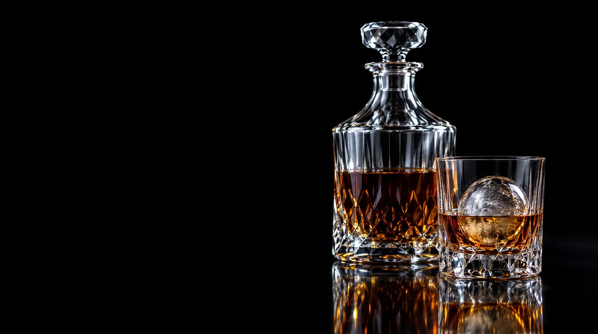 A crystal decanter of amber brandy beside a tumbler with a sphere of ice