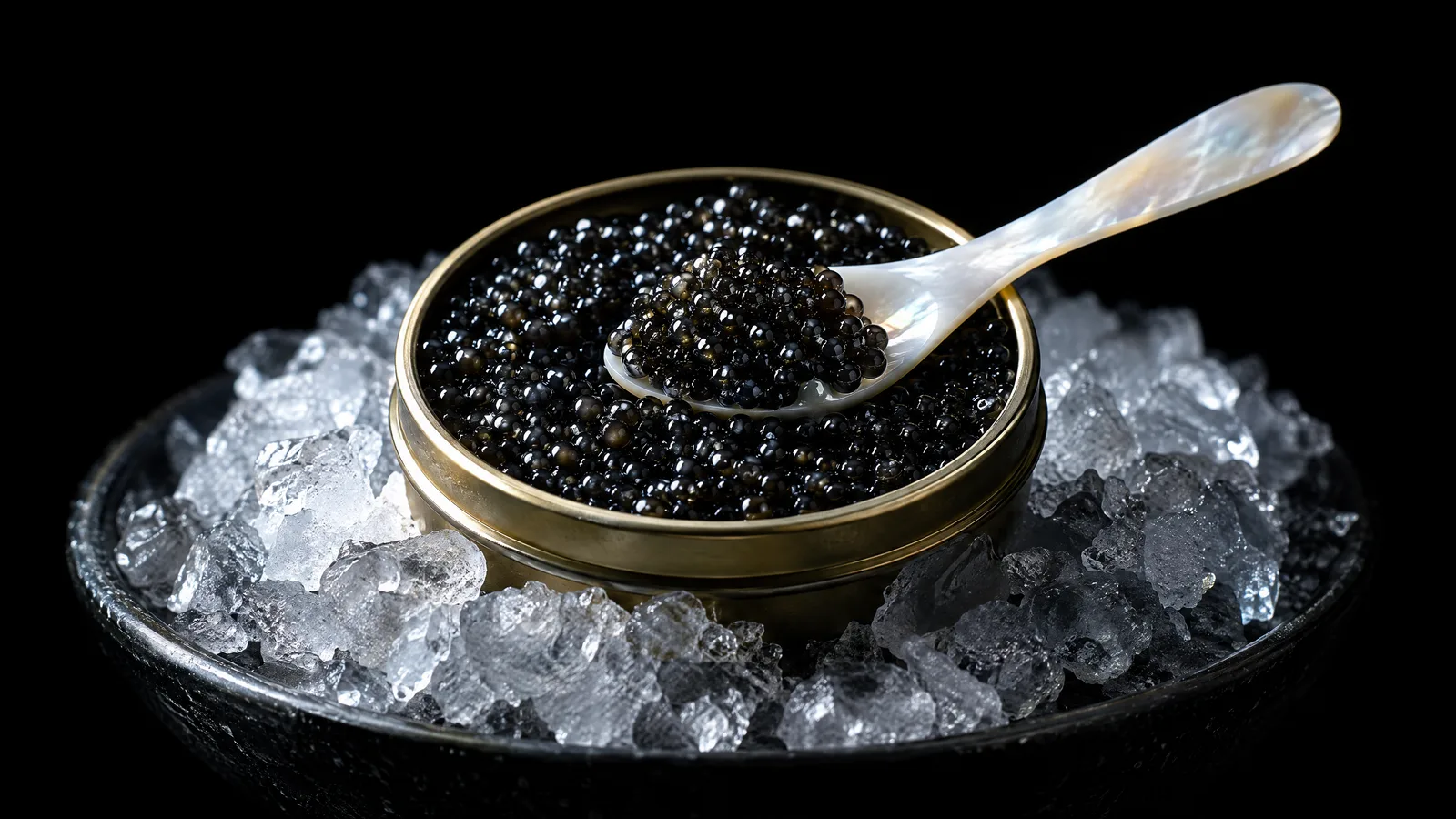 A mother-of-pearl spoon in an open tin of glossy black caviar on crushed ice