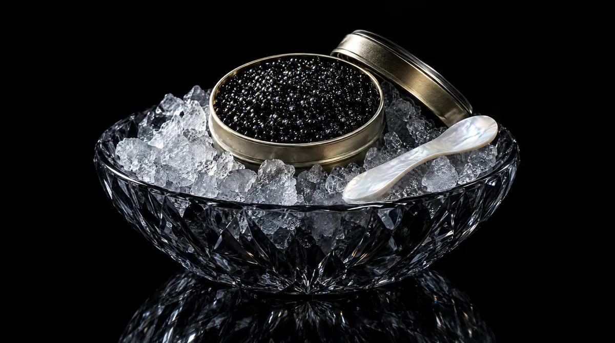 An open tin of glossy black caviar on crushed ice with a mother-of-pearl spoon