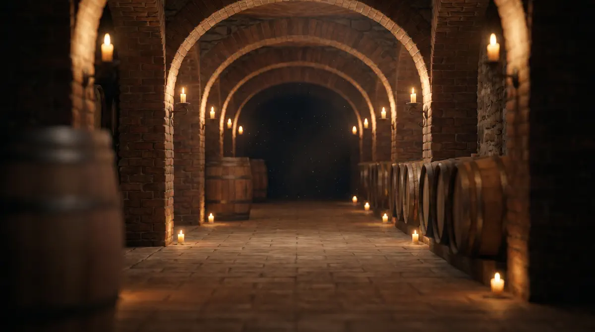 Candlelit cellar with rows of oak barrels
