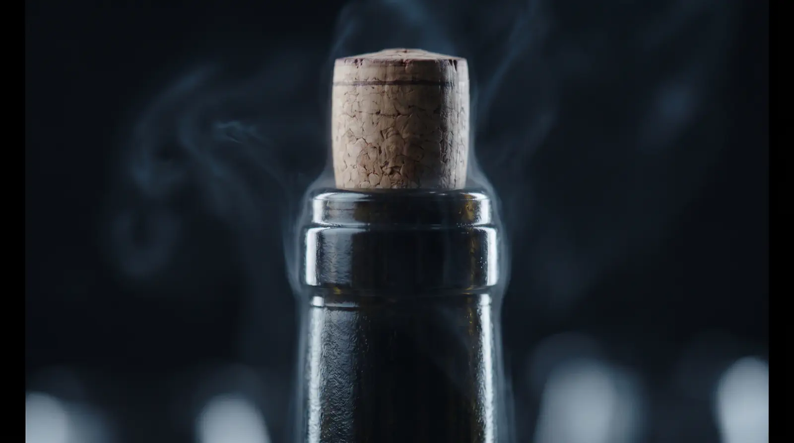 A cork rising from the neck of a dark wine bottle, lit in silver against black