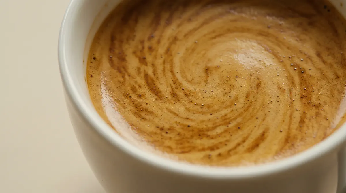Golden espresso crema swirling in a white cup against black