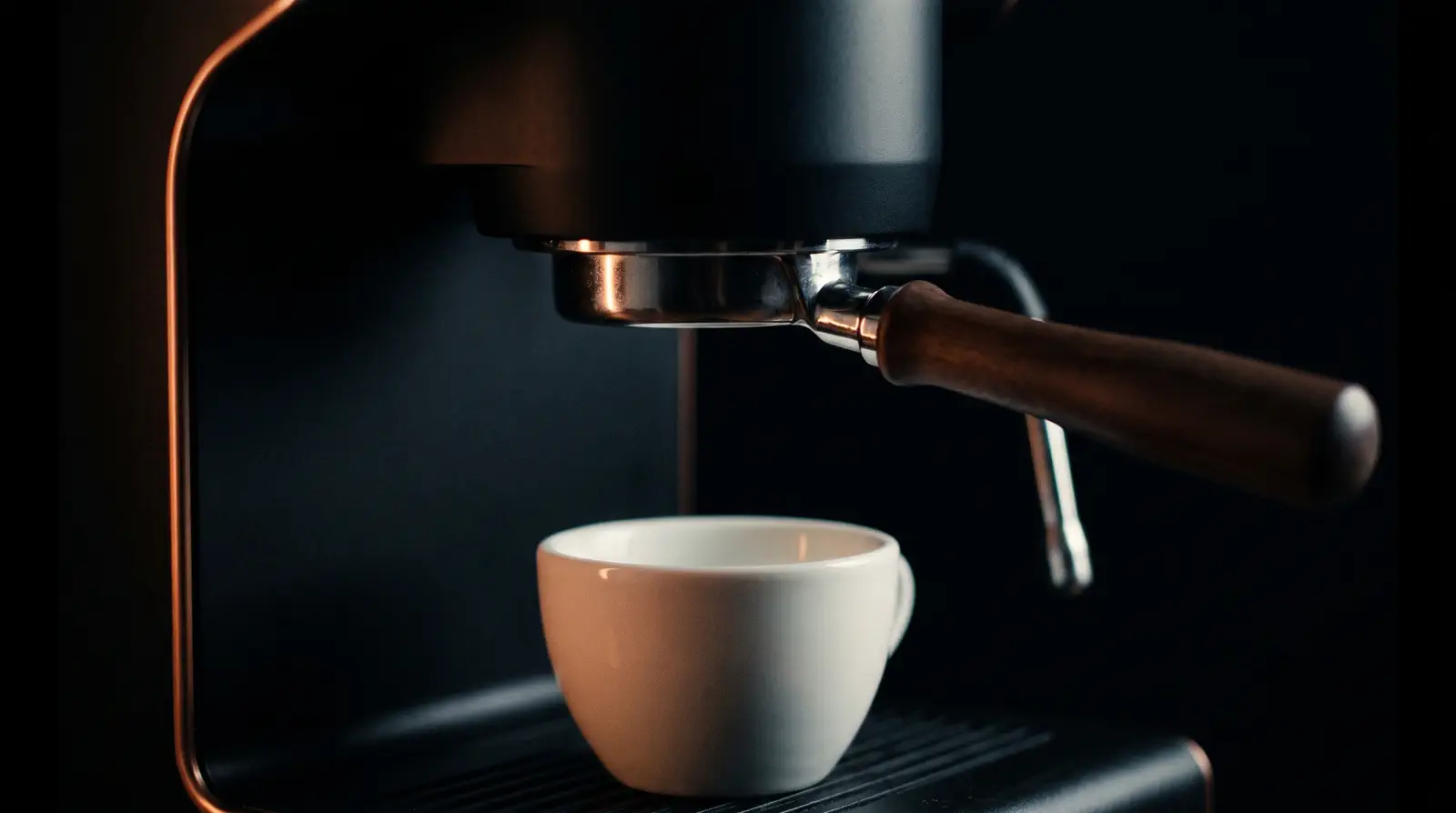 Espresso flowing from a bottomless portafilter into a white cup in dark cafe light