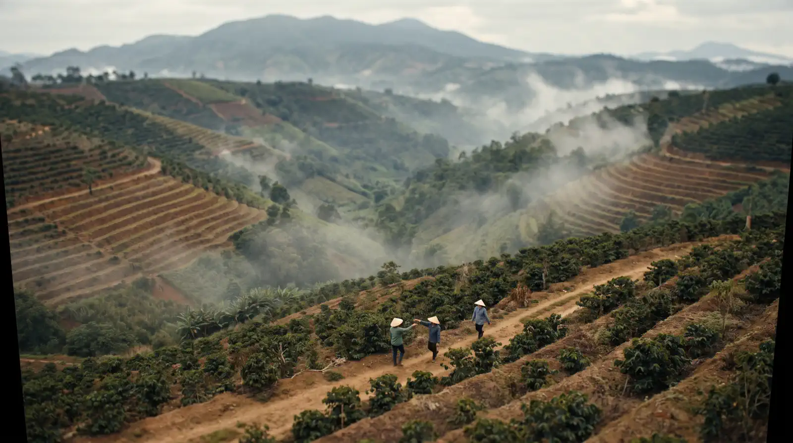 Terraced Ethiopian highland coffee farms in golden morning mist