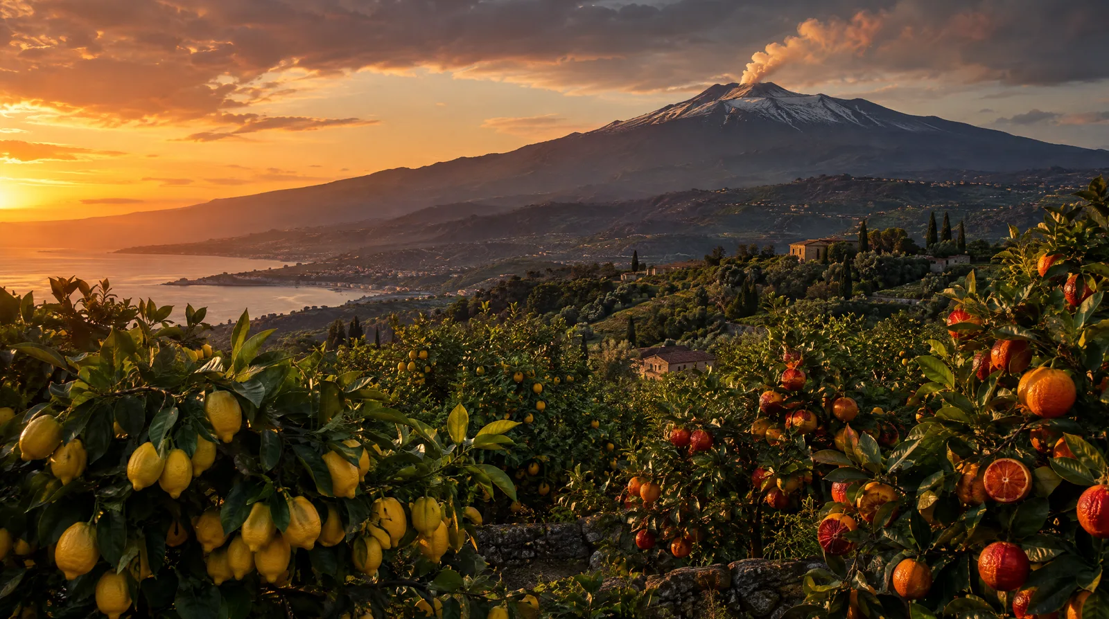 Sicilian citrus groves beneath the dark slopes of Mount Etna at golden hour