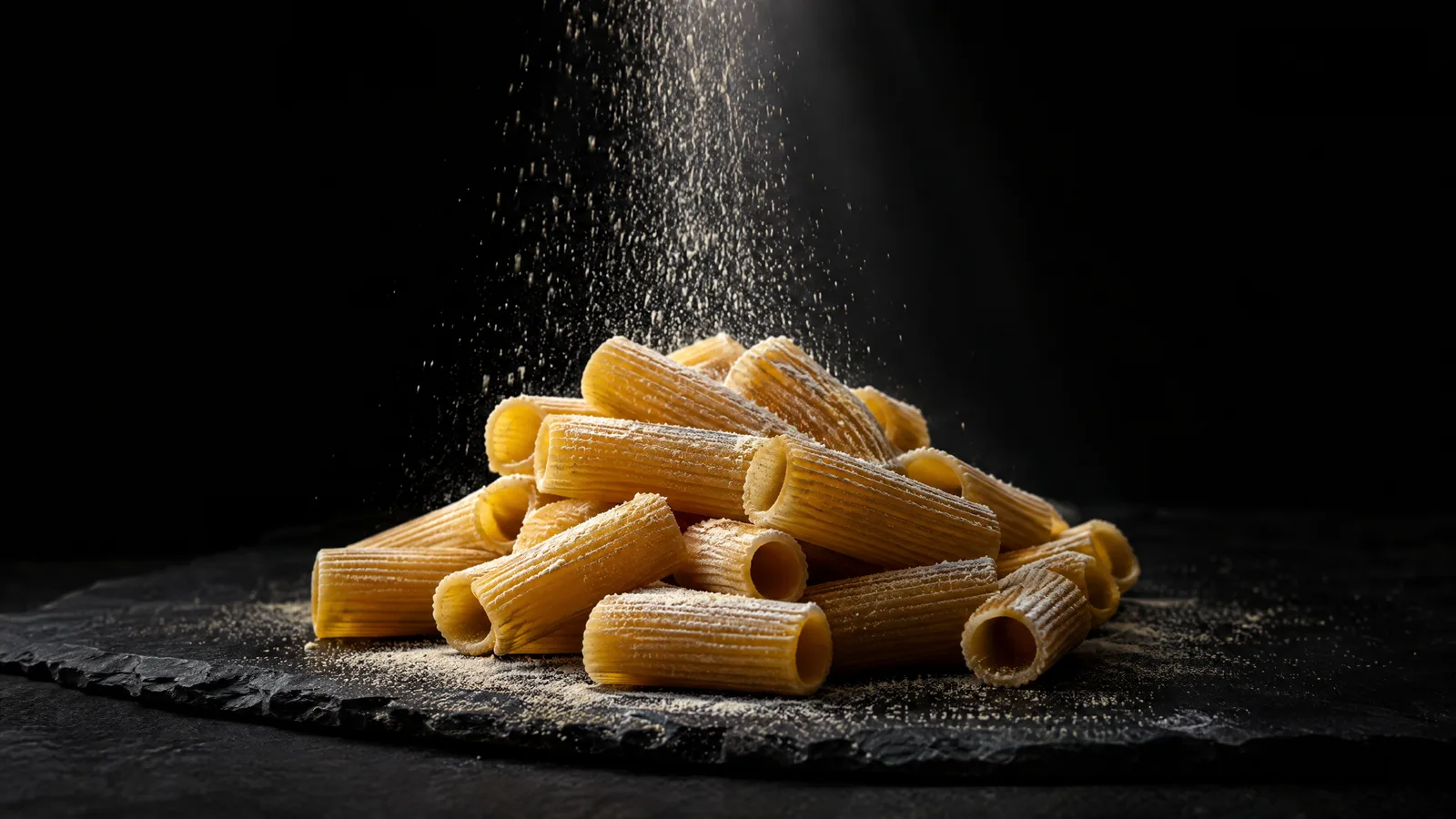 Semolina flour beginning to fall through a shaft of light onto bronze-cut rigatoni on a slate board