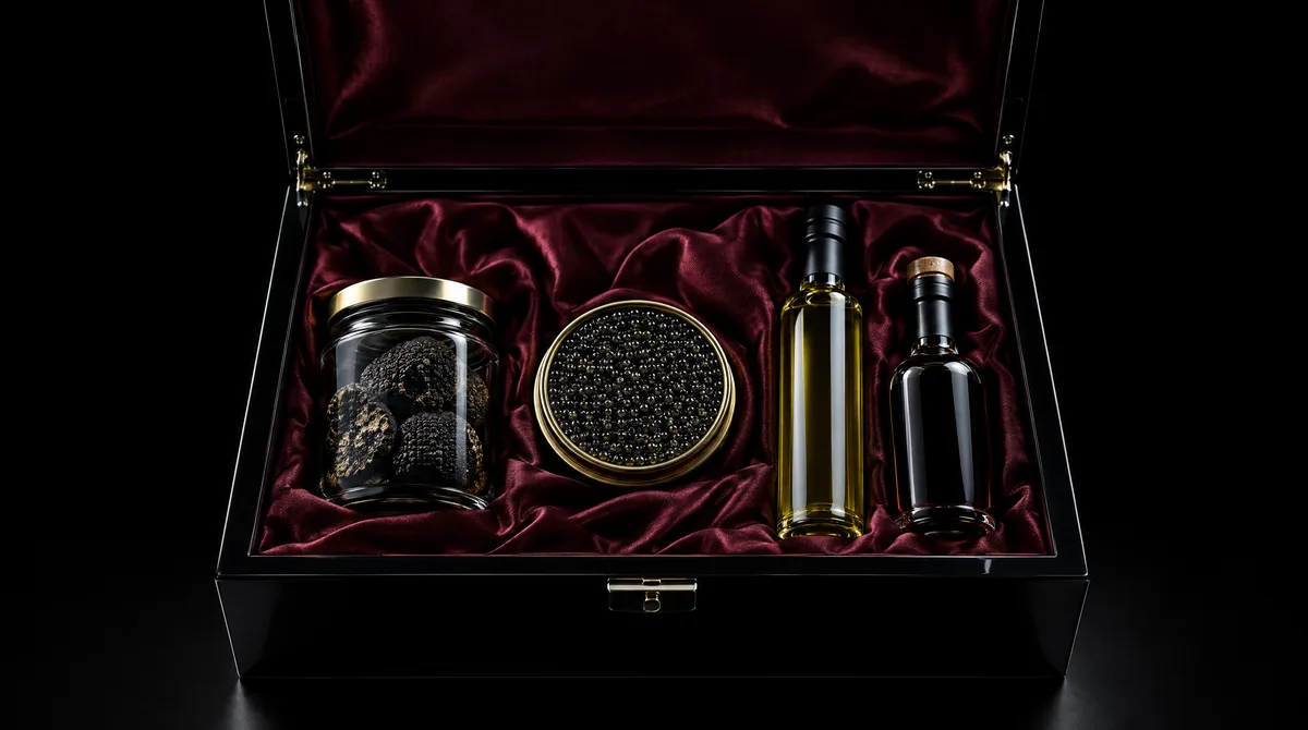 An open black lacquered gift box lined with burgundy silk holding truffles, caviar, olive oil and balsamic