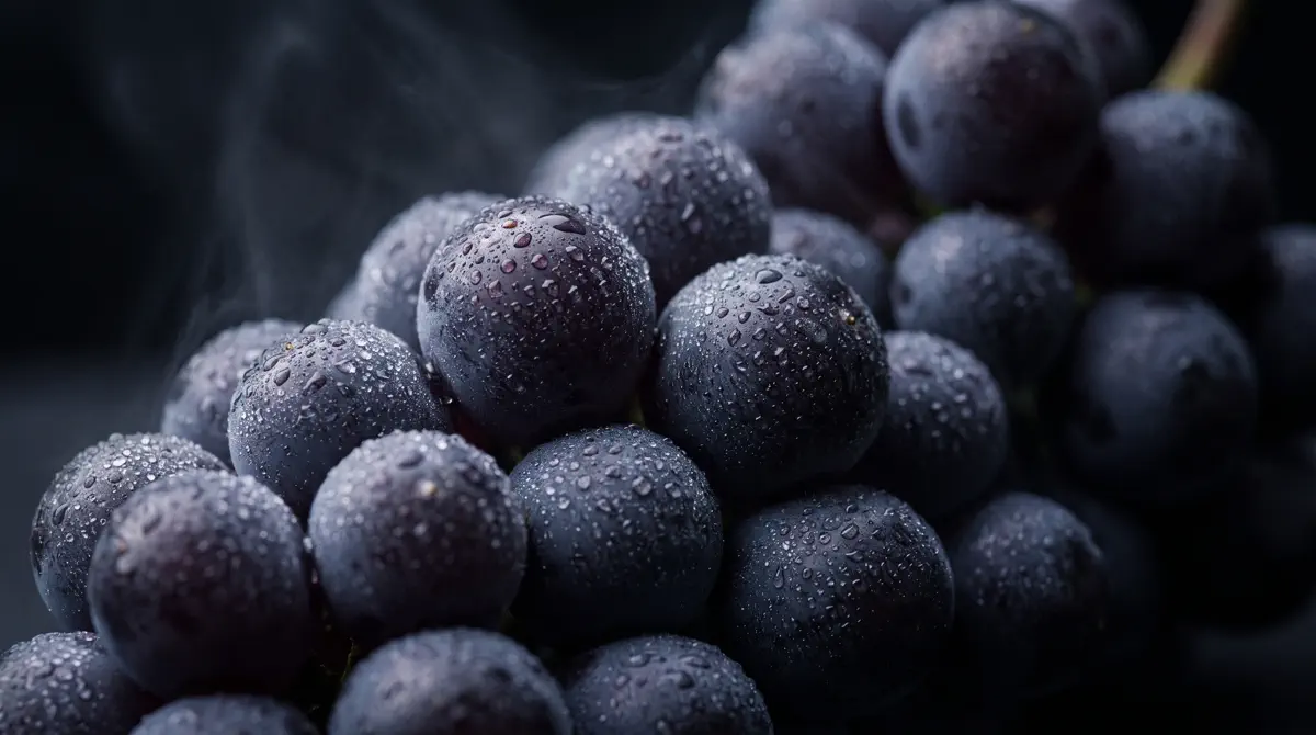 Macro of dark grapes with dew in silver light