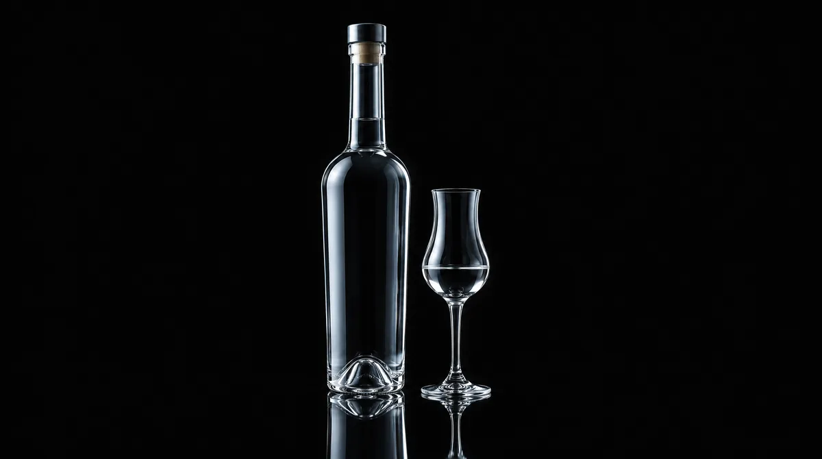 An unlabelled bottle of clear grappa beside a small tulip tasting glass