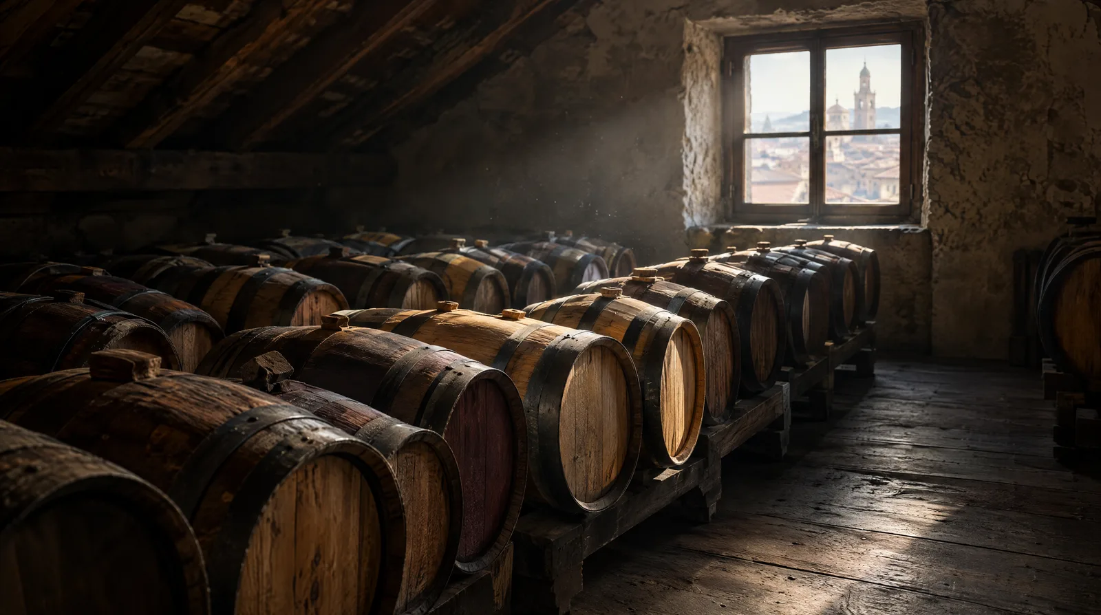 Rows of small aged wooden barrels in a quiet attic loft in Modena