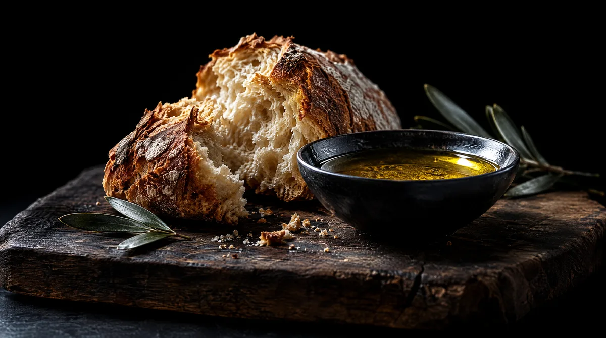 Rustic Tuscan bread beside a black dish of golden olive oil on a dark wooden board