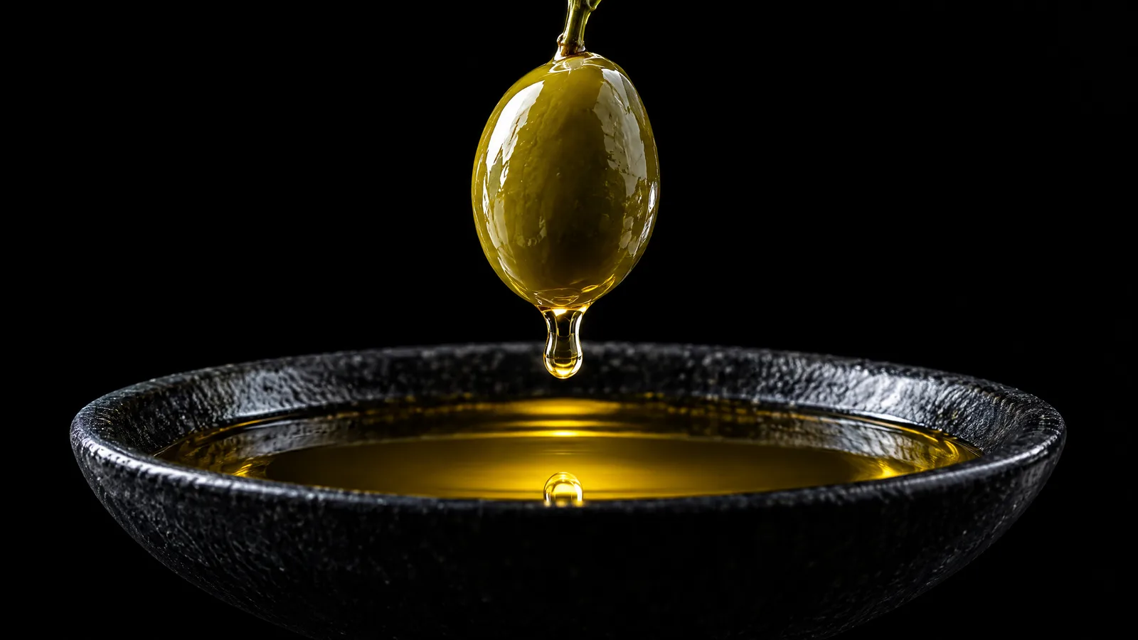 A green olive suspended above a still pool of golden olive oil in a black stoneware dish