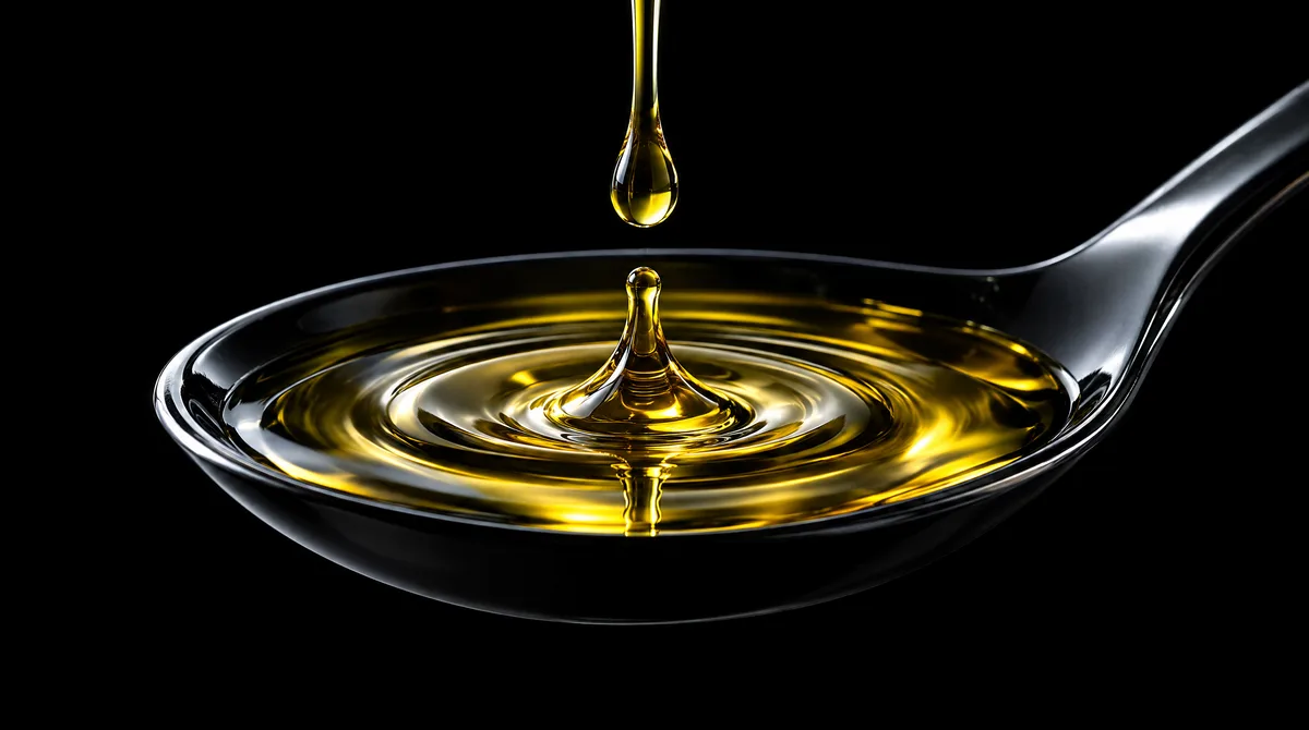 A drop of golden olive oil falling into a polished black spoon
