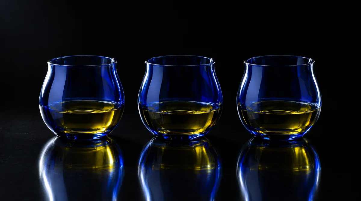 Three cobalt-blue olive oil tasting cups in a row, each holding golden oil
