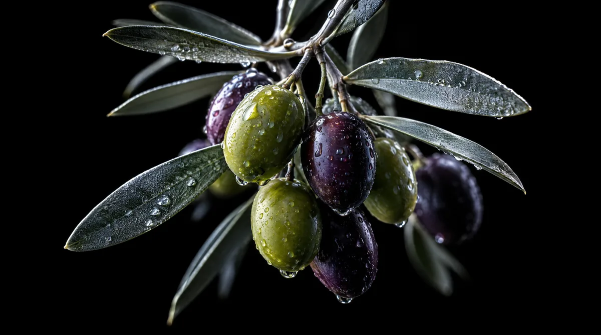 Green and purple olives on a silvery olive branch with fine dew drops