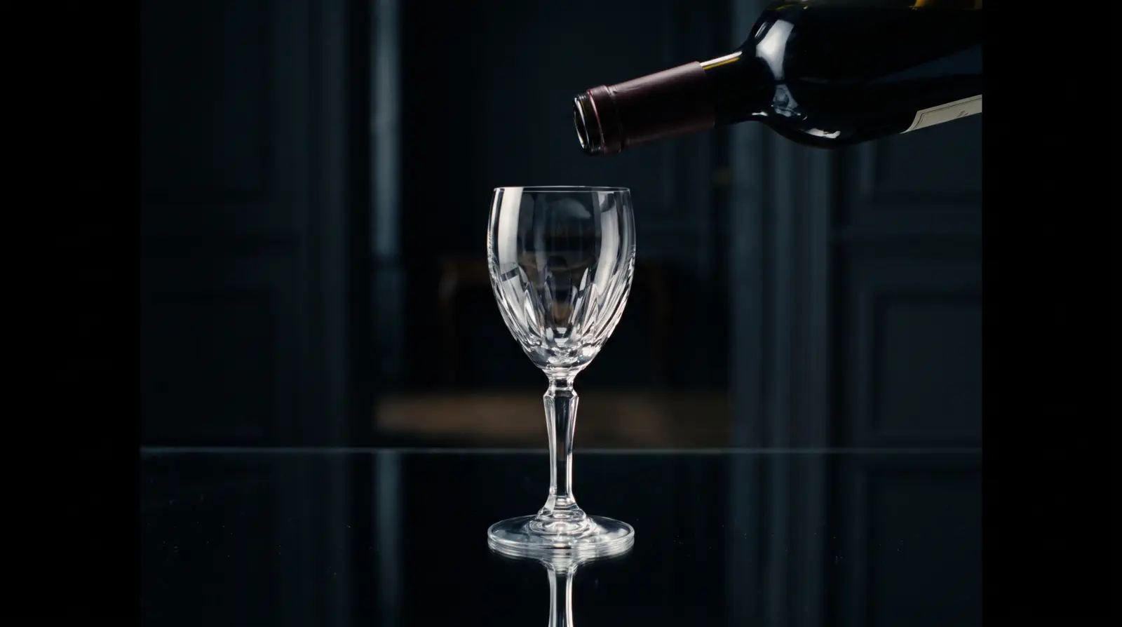 Red wine being poured from a dark bottle into a crystal glass on a black mirrored table
