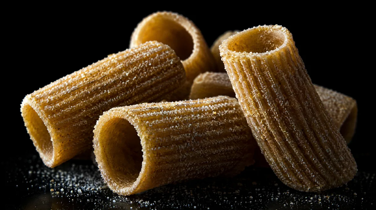 Macro of bronze-cut rigatoni showing a rough, ridged surface dusted with semolina