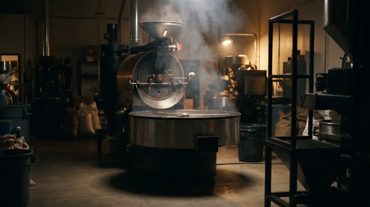 A vintage copper drum roaster glowing in a dark roastery