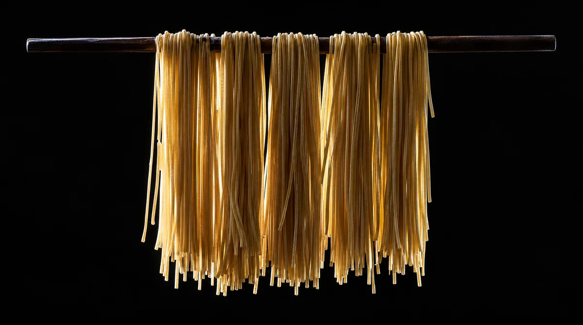 Long strands of bronze-cut spaghetti hanging to dry over a dark wooden rod