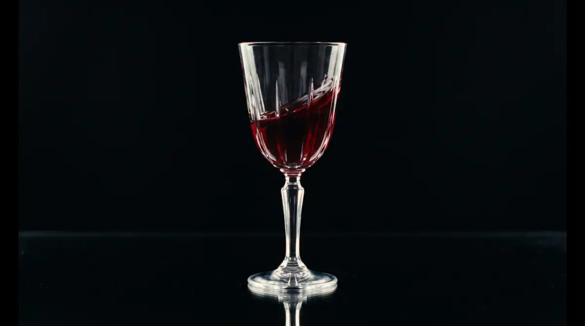 Deep red wine swirling in a crystal glass against black