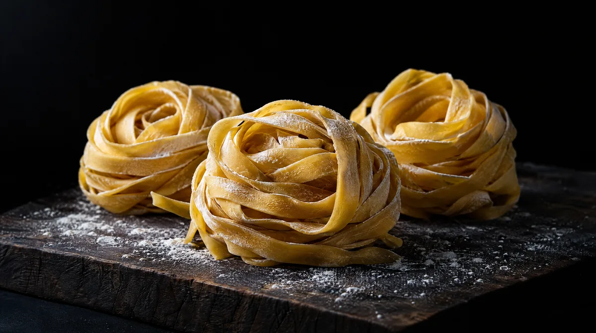 Three nests of fresh golden egg tagliatelle on a dark wooden board