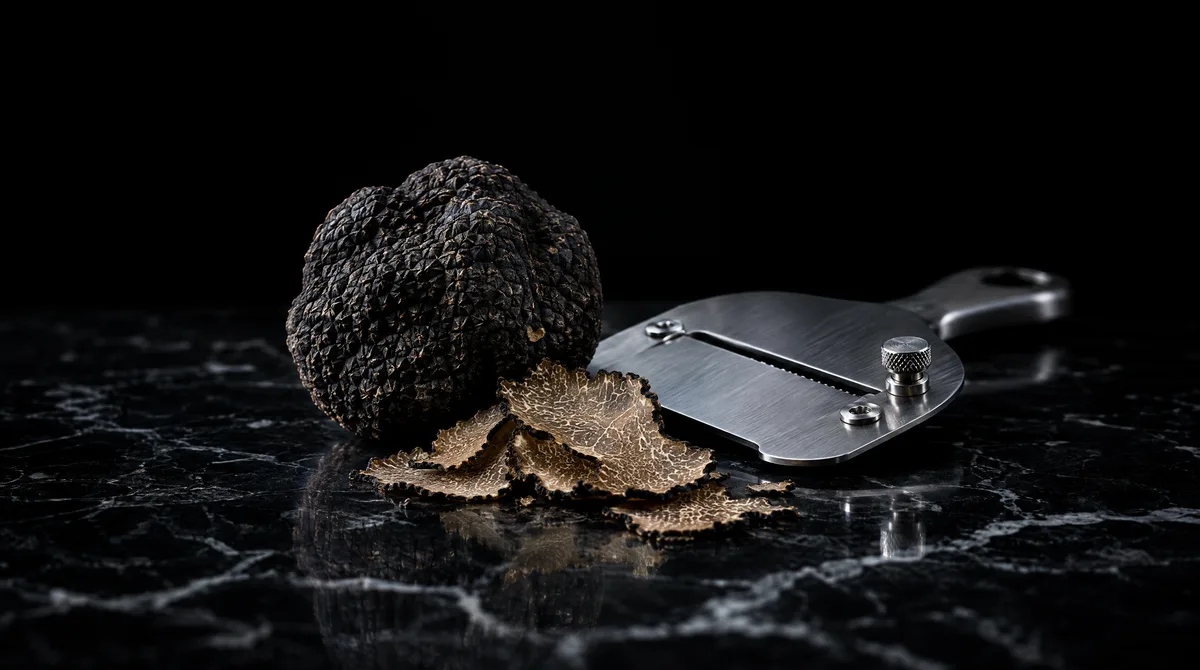 A whole black winter truffle beside a steel truffle shaver on black marble