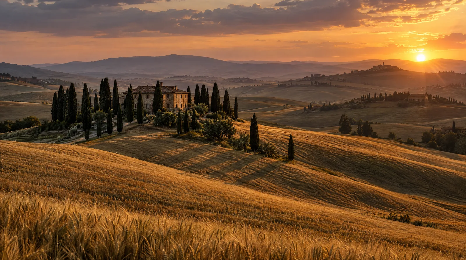Rolling Tuscan wheat fields and a stone farmhouse with cypress trees at golden hour
