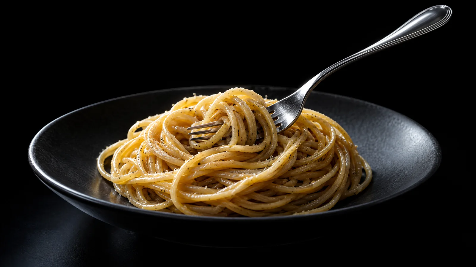 A silver fork resting in a nest of bronze-cut spaghetti on a dark plate