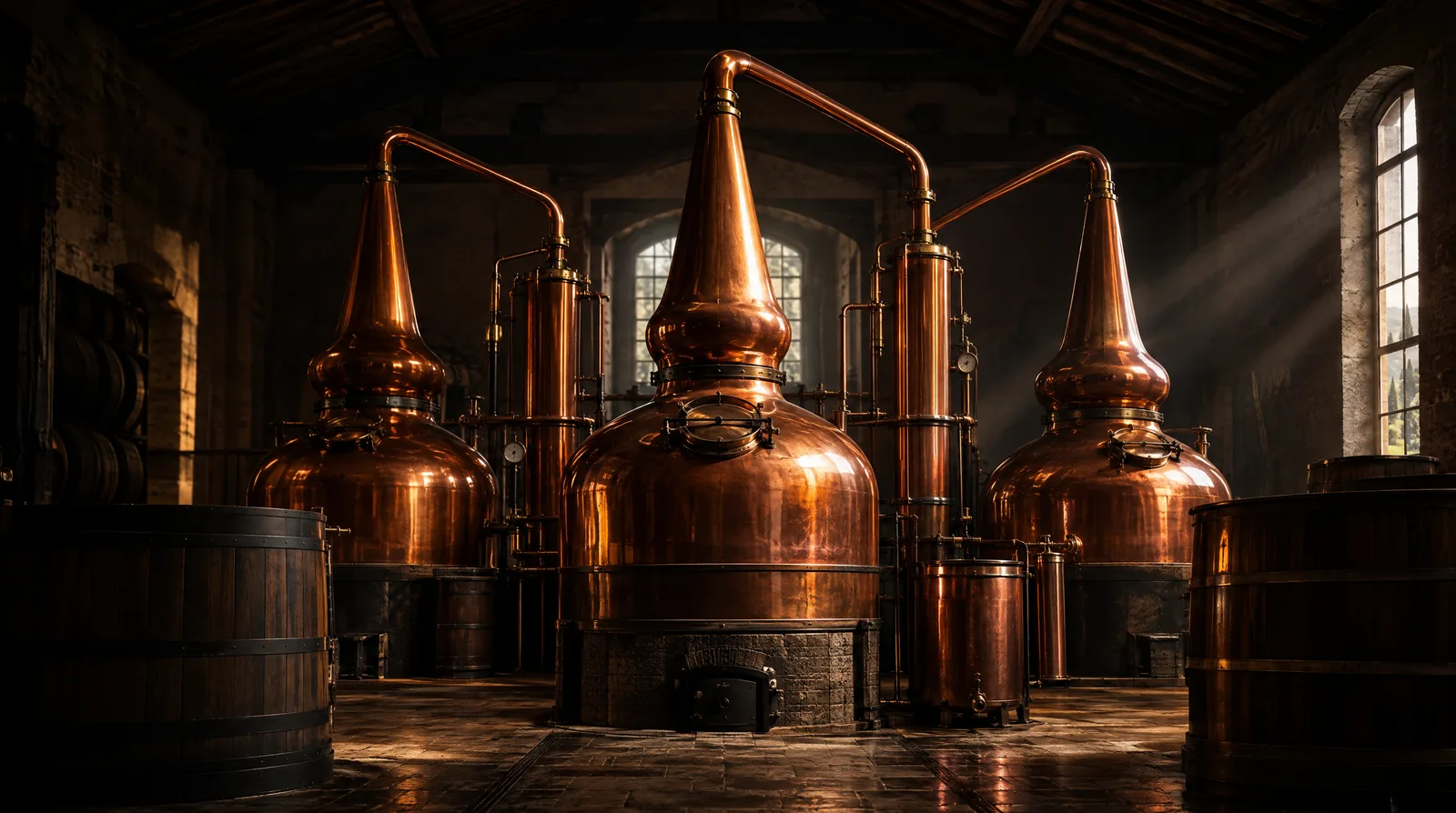 Polished copper pot stills glowing in a dark, traditional grappa distillery