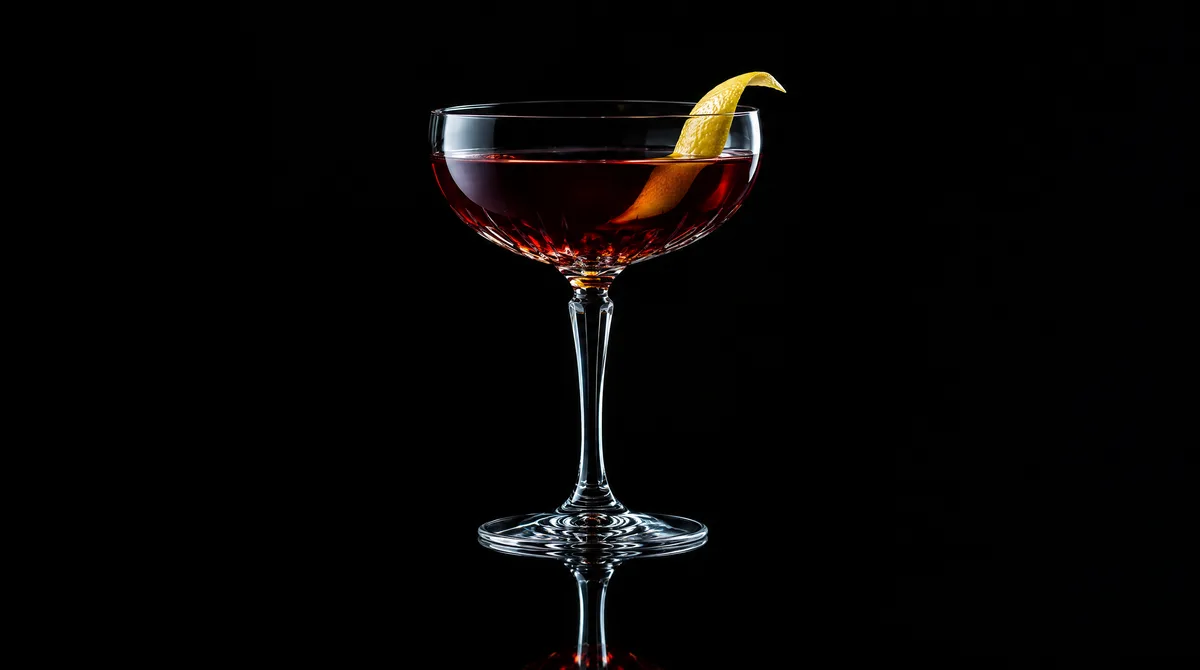 A crystal coupe of deep red vermouth with a twist of lemon peel